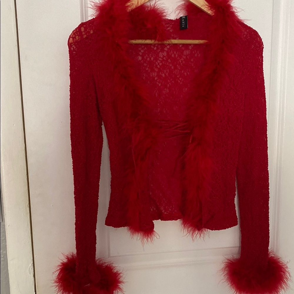 MARIA Red Feather Trim Lace Cardigan